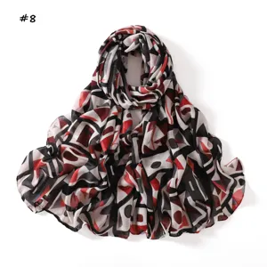 Geometric colorblock print long scarf, soft lightweight fashion shawl and neck wrap for daily wear.