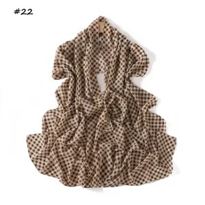 Chic brown gingham print chiffon scarf, stylish long shawl and sun protection wrap.