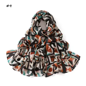 Geometric color block printed long scarf, soft slub cotton shawl, fashionable hijab for women.