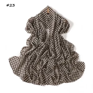 Brown and white gingham plaid chiffon scarf, lightweight and breathable long shawl for women.