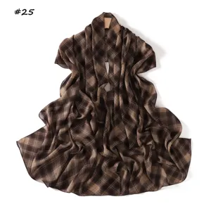 Brown plaid chiffon scarf and shawl, lightweight stylish long scarf for women sun protection.