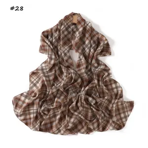 Brown plaid chiffon scarf for women, lightweight summer sun protection shawl, elegant design.