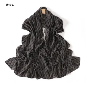 Geometric plaid print chiffon long scarf for women, elegant black and brown shawl for daily wear.