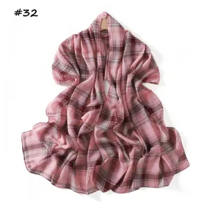 Pink plaid chiffon scarf for women, lightweight sun protection shawl and stylish neck wrap.