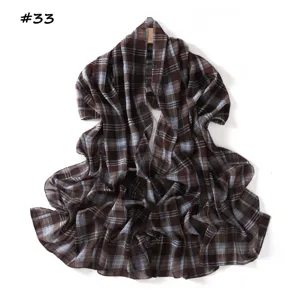 Brown and blue plaid chiffon scarf, elegant sun protection shawl for women, lightweight.