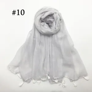 Lightweight solid grey voile scarf with delicate tassels, breathable women hijab and shawl.