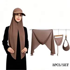 Set Hijab da Donna 3 Pezzi con Cappello Visiera Sciarpa in Chiffon Cuffia Marrone Elegante