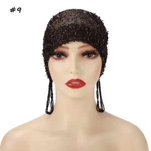 Beaded mesh cap elegant tassel turban vintage flapper hat rhinestone headwear for women