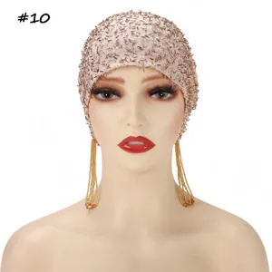 Beaded mesh cap detail view, elegant sequin fringe design, premium fashion accessory close-up