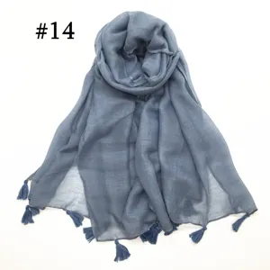 Solid color voile scarf for women, breathable lightweight shawl with chic tassels in greyish blue.