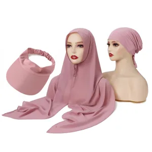 Set hijab musulmano rosa da 3 pezzi con cuffia in chiffon e cappello con visiera