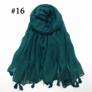 Dark green voile scarf with tassels, lightweight breathable solid color shawl for women daily.