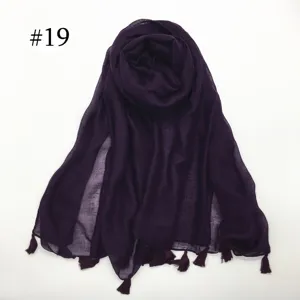 Solid dark purple voile scarf for women, lightweight breathable tassel wrap hijab.