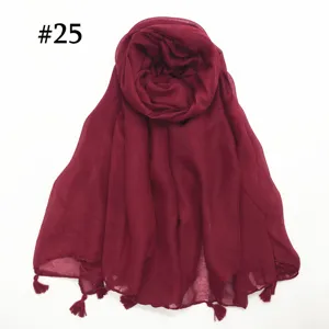 Solid color thin voile scarf for women, breathable tassel shawl hijab, elegant lightweight accessory.