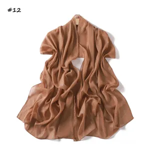 Solid color silver silk chiffon long scarf, elegant pleated thin shawl for women daily wear.