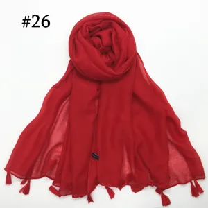 Solid color red voile scarf with tassels lightweight breathable stylish women fashion hijab shawl