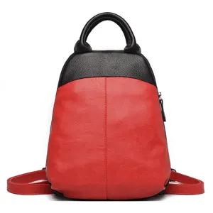 Stylish color block genuine leather backpack for women, versatile retro school bag.