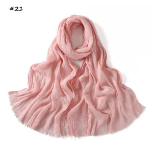 Solid color crinkled fringed women scarf lightweight breathable hijab and stylish shawl