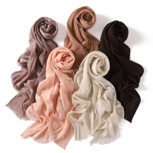 Solid color pleated women scarf with fringe ends breathable casual fashion shawl wrap daily wear