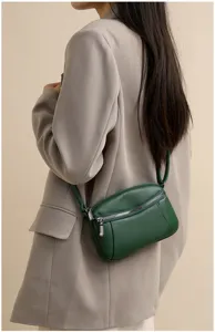 Green genuine leather women crossbody bag with double zippers, stylish minimalist mini shoulder bag.