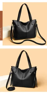 Black leather tote bag for women large capacity casual shoulder handbag daily commute style