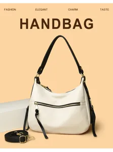 Stylish white PU leather shoulder handbag with black straps, large capacity daily crossbody bag.