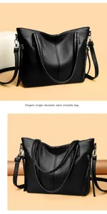 Black leather tote shoulder bag for women, large capacity daily commuting casual handbag.