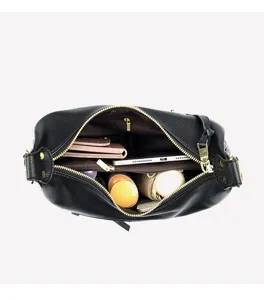 Black leather crossbody bag large capacity interior storage travel commuting fashion style detail