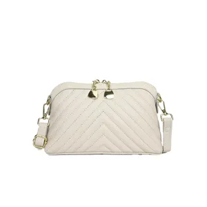 Genuine leather women shoulder crossbody bag, casual beige top layer cowhide handbag main view.
