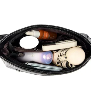 Women black shoulder crossbody bag interior capacity detail view, multi-compartment storage.