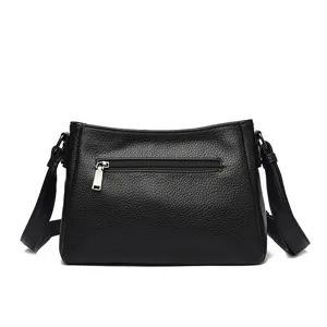Black leather shoulder crossbody bag, classic design with zipper pocket and adjustable strap.