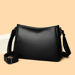 Large capacity black leather women shoulder crossbody bag, stylish casual design for daily use.