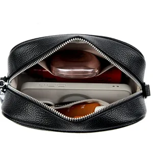 Black genuine leather crossbody bag women camera bag versatile shoulder bag interior view