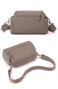 Detailed view of casual nylon crossbody shoulder bag for women, multi-pocket design, taupe.