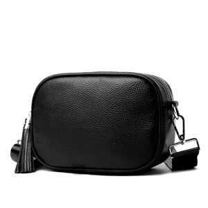 Genuine leather women crossbody bag fashion casual shoulder bag with tassel and wide strap detail