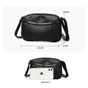 Black genuine leather cross-body bag compact double zipper shoulder bag daily purse 21x14cm