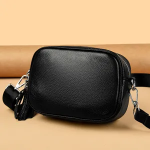 Genuine Leather Women Crossbody Bag Fashion Casual Cowhide Small Square Shoulder Bag With Tassel And Wide Strap