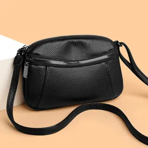 Women Genuine Leather Crossbody Bag Small Square Shoulder Bag Double Zipper Mini Daily Handbag Simple Fashion Purse