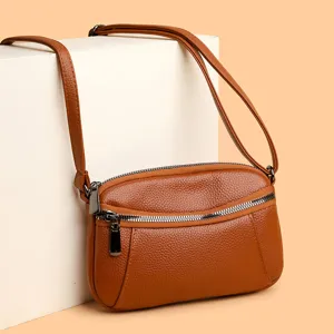 Women genuine leather crossbody bag, brown mini shoulder bag with double zipper and pocket.