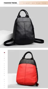 Detailed view of women genuine leather backpack, color-blocked design, casual travel shell bag.