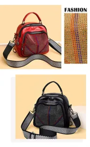 Detail view of stylish women rhinestone backpack, close-up of sparkling crystals and strap.