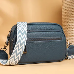 Sac Bandoulière Homme en Cuir Véritable Business Casual Petit Sac d'Épaule Double Fermeture Éclair Clutch Téléphone Avec Sangle Géométrique