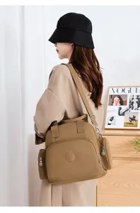 Stylish women nylon convertible shoulder bag in khaki, large capacity casual daypack.