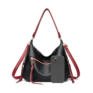 Women hobo shoulder crossbody bag large capacity casual solid color handbag with red strap