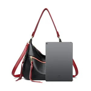 Black hobo shoulder bag with red straps large capacity PU leather commuter handbag detail