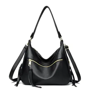 Women Large Capacity PU Leather Shoulder Bag Casual Solid Color Commuter Crossbody Bag With Tassel Decoration