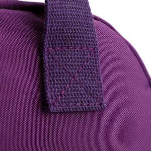 Close-up detail of durable purple nylon backpack strap reinforcement stitching and fabric.