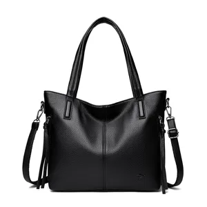 Women Large Capacity Tote Bag Soft Leather Casual Commuter Handbag Solid Color Single Shoulder Crossbody Bag