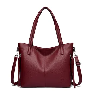 Elegant red leather tote bag for women, large capacity minimalist shoulder handbag commuting.