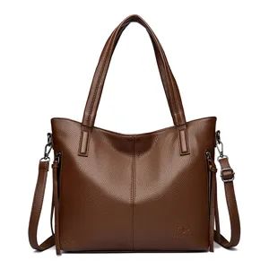 Classic large capacity women shoulder bag solid color soft leather commuting handbag fashion tote